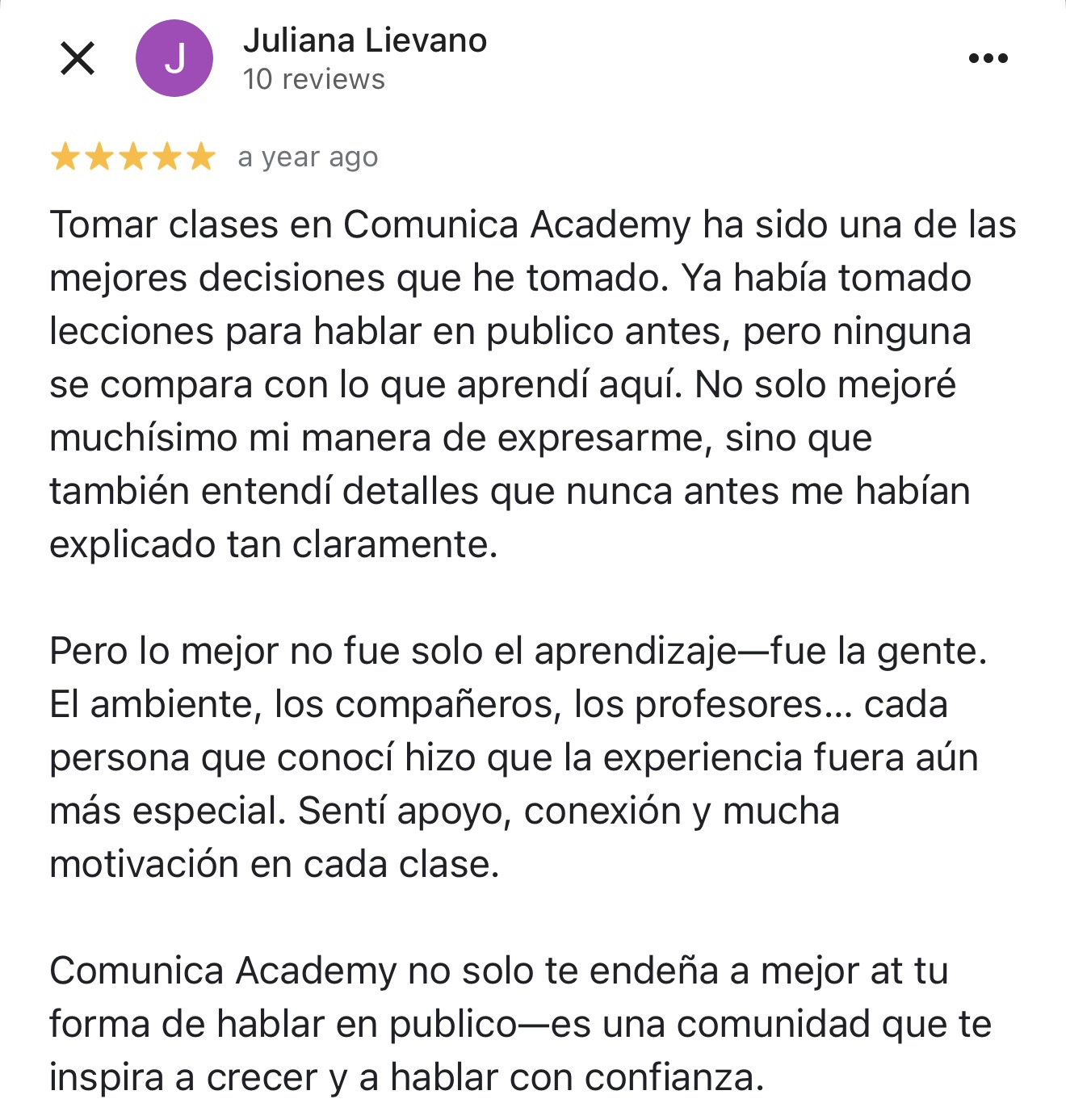Reseña de Google de Juliana Lievano sobre Comunica Academy